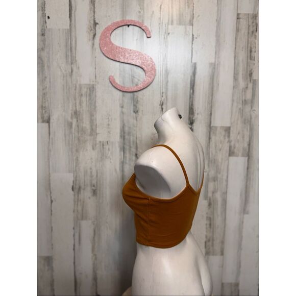 Bozzolo Mustard Ribbed Spaghetti Strap Crop Top Women’s Small Basic Stretch Cami - Picture 2 of 5